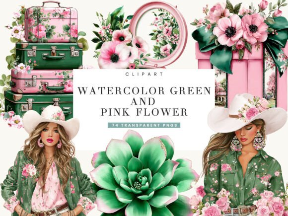 Download Watercolor Green and Pink Flower Clipart - Pink Collection